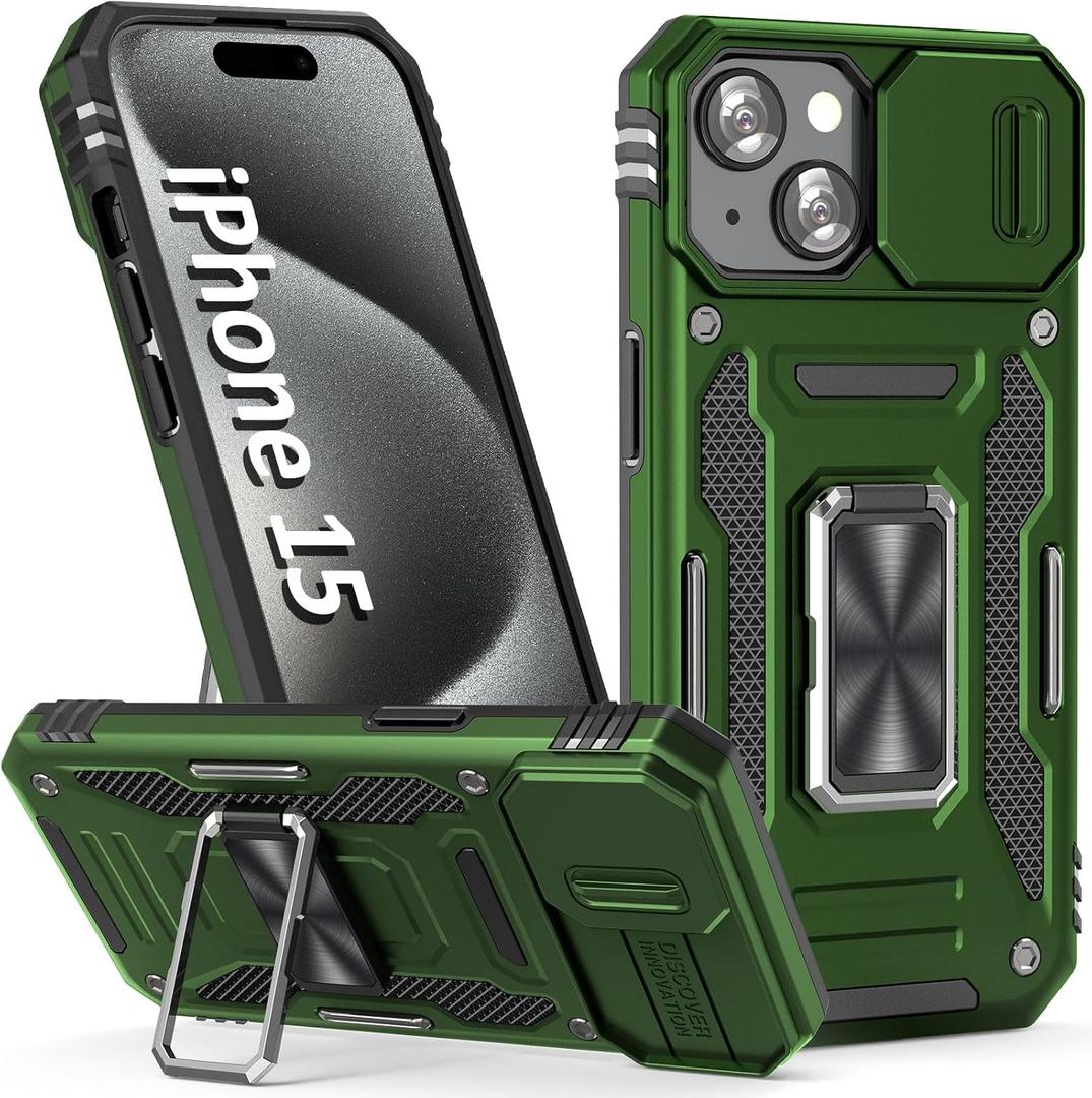 Case for iPhone 15 Phone Case iPhone 15 Case with Slide Camera Cover, with Finger Ring Holder Stand, fit Magnetic Car Mount, for iPhone 15 (Olive Green)