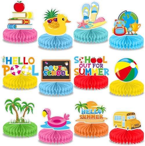 12Pcs School's out for Summer Party Honeycomb Centerpieces End of School Year Table Decorations Tropical Tables Honeycombs Ball for Schools Classroom Summers Vacation Celebration Decor