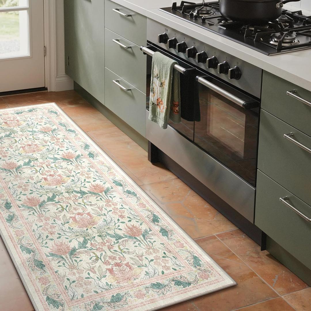 Bavni 2'6''x6 Runner Rug,Microfiber Washable Non-Slip Vintage Floral Rugs,Low Pile Lightweight Carpet for Bedroom,Hallway,Entryway,Kitchen,Bathroom, Beige&Pink