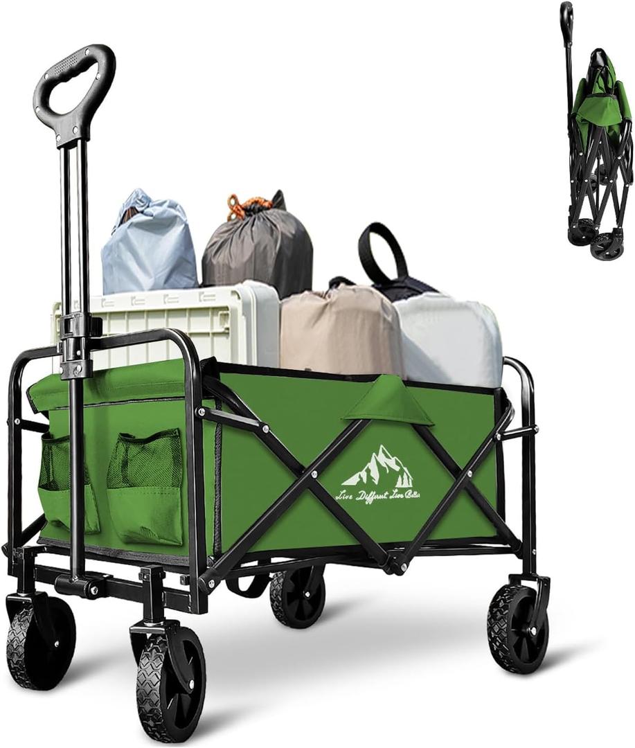 Foldable Wagon Cart, Collapsible Wagon Cart with Heavy Duty Wheels, 220Ibs Portable Folding Utility Wagon for Groceries, Beach, Camping, Outdoor Activities, Green