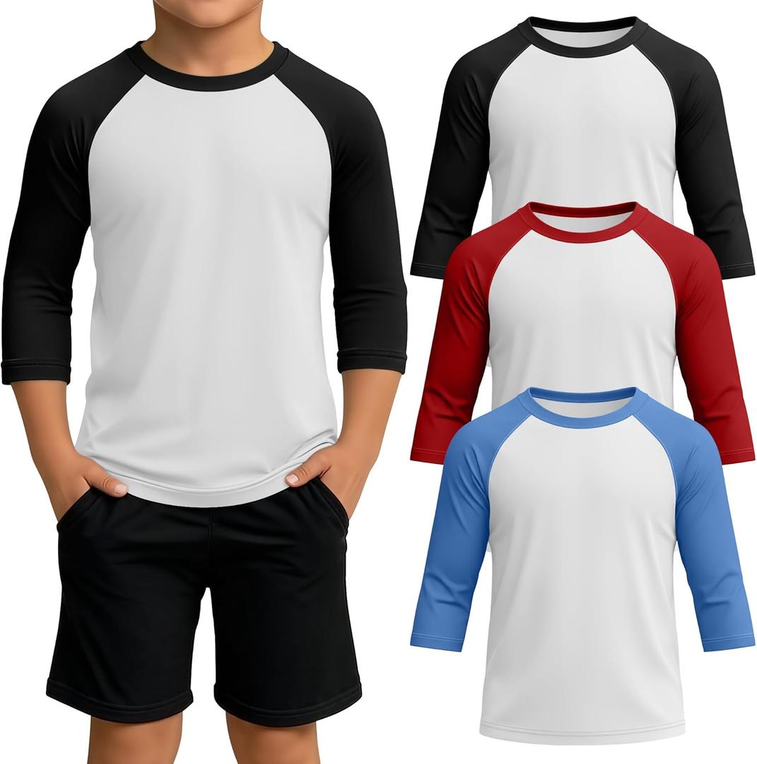 3 Pack Boy's Baseball Shirts 3/4 Sleeve Raglan Crew Neck Tops Teens Athletic Casual Jerseys(7-8 Years, White/ Black, White/ Red, White/ Sky Blue)