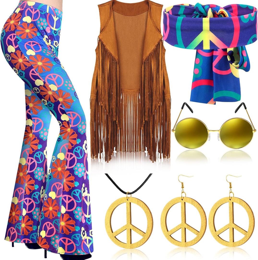 Haull 7 Pcs 60s 70s Outfits for Women Hippie Costume Set Boho Flared Pants Fringe Vest Peace Sign Accessories Set (Small)