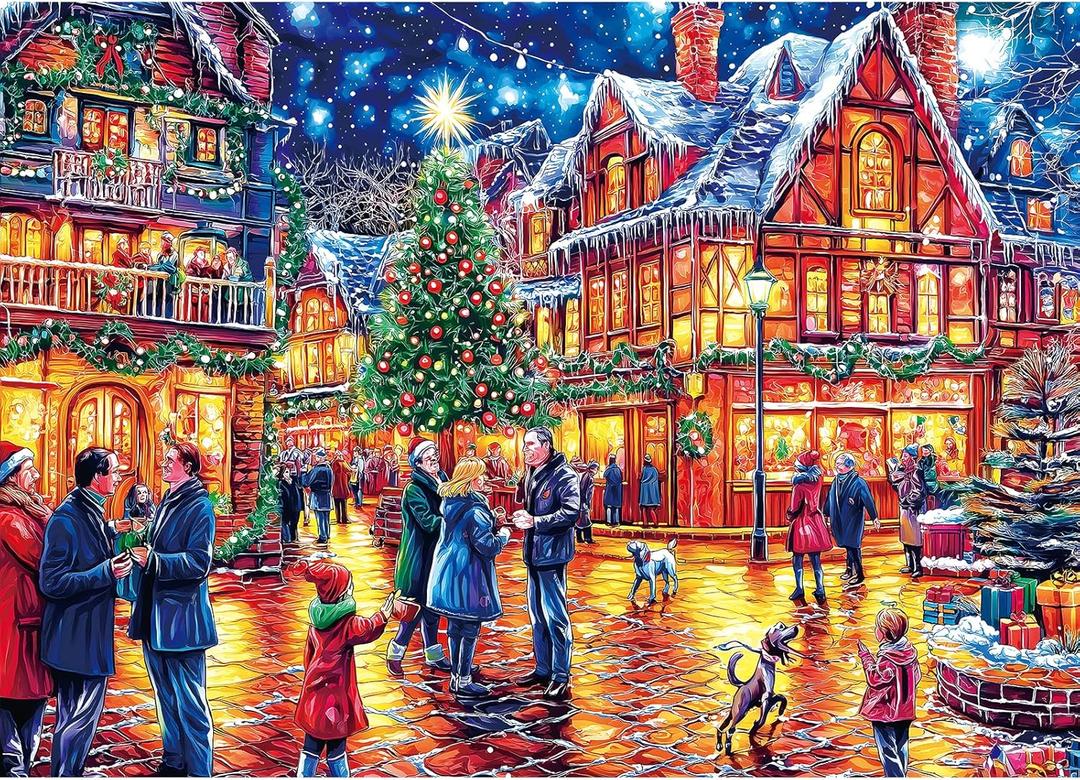 Beautiful Christmas Cityscape 1000 Piece Jigsaw Puzzle, Night Scene Art, Colorful European Town Canal Landscape