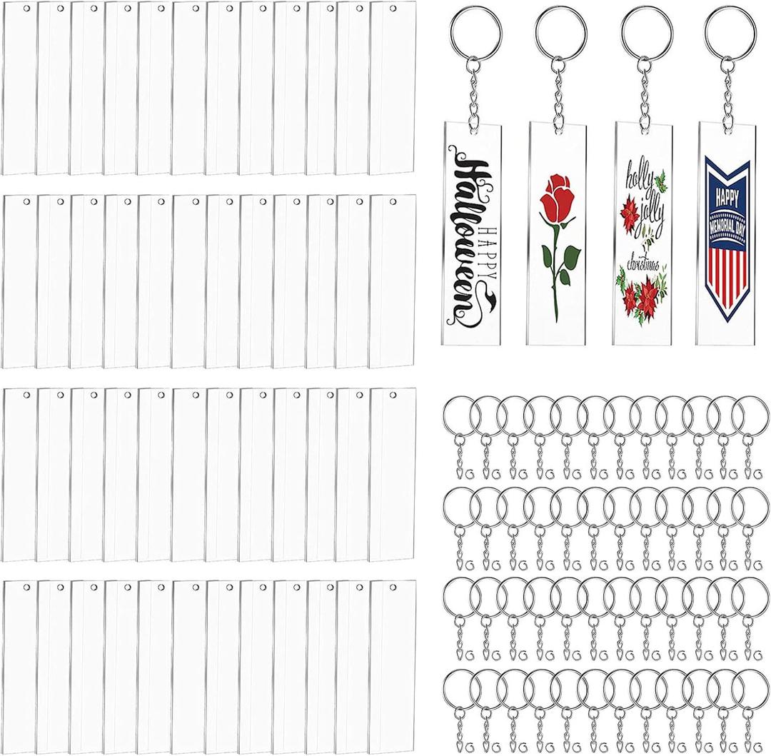 Acrylic Keychain Blanks,144Pcs Clear Keychains Set Including 48 Pcs Rectangle Clear Acrylic Ornament Blanks (2 x 8cm) 48 Pcs Key Rings with Chain and 48 Pcs Jump Rings for Vinyl Crafting DIY