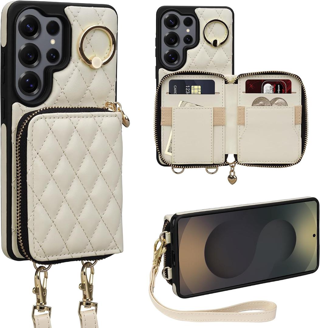 Case for Samsung Galaxy S26 Ultra 6.9'' Wallet Case,Crossbody Zipper Purse Wrist Strap Lanyard Handbag,RFID Blocking Card Slots,Flip Leather Cover for Samsung S26 Ultra,Beige