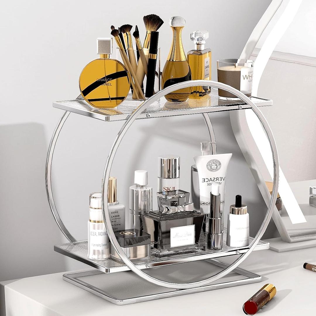 Perfume Organizer for Bedroom Dresser- Sliver Makeup Organizers for Vanity, 2 Tier Bathroom Countertop Organizer Perfume Tray Skincare Storage Cosmetic Display Rack, Make Up Counter Shelf (Silver, Circular)
