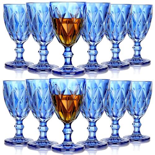 Yinder Glass Goblet Vintage Wine Goblet Embossed Glassware 10 oz Solid Color Glass Stemmed Cups for Iced Tea Beverage Soda Juice Water Liquor and Party Wedding Bars Restaurants (Blue,12 Pack)
