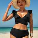 ZAFUL Women High Waisted Bikini Sets Two Piece Ruffle Swimsuit | Cross Cutout Ruched Bathing Suit Sexy Wrap Tie Back Beach Swimwear (Black, S)