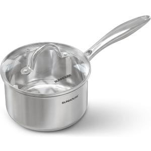 SUNHOUSE 2 Quart Whole-Clad Tri-Ply Stainless Steel Saucepan with Glass Lid, Premium 18/8 Stainless Steel, Even Heat Distribution, Induction Ready, Stay-Cool Handle, Dishwasher Safe