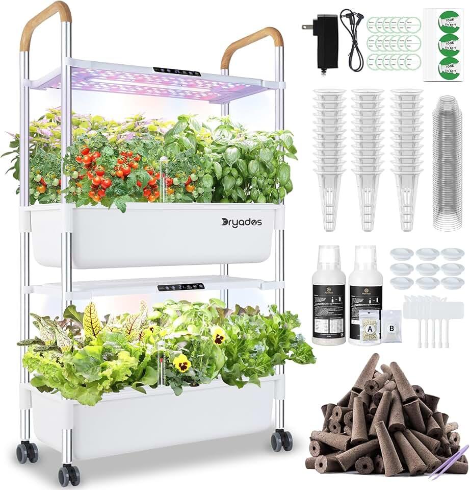 Indoor Hydroponic Growing System with 54 Pods Herbs Garden Kit with 30W Led Grow Light Large Movable 2-Layer Floor-Standing Hydroponic Gardening System for Vegetable Fruit