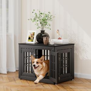 Snuowu 32" Heavy-Duty Dog Crate Furniture for Small/Medium Dogs, Rustic Wooden Dog Cage Kennel Indoor Furniture, Decorative Pet House End Table, Black