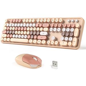 Wireless Keyboard and Mouse Combo, 104 Keys Full-Sized 2.4 GHz Round Keycap Colorful Keyboards, USB Receiver Plug and Play, for Windows, PC, Laptop, Desktop (Milk Tea)