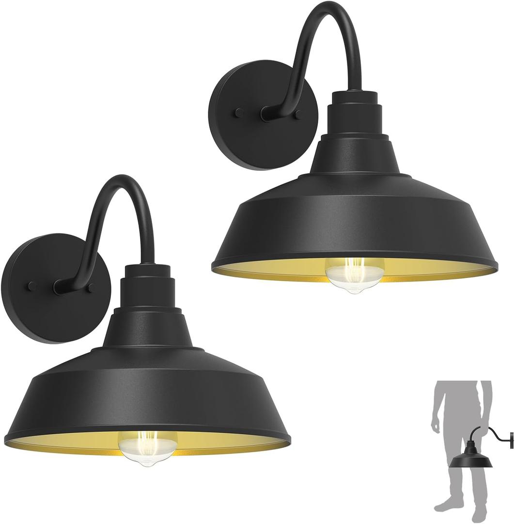 12.4" Barn Light Outdoor Lighting Wall Mount, Farmhouse Outdoor Wall Sconce Vintage Dome Gooseneck Barn Light for Porch Garage Patio, Waterproof Rustproof, 2-Pack