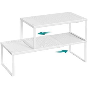 SONGMICS Spice Racks, Set of 2 Expandable Kitchen Countertop Shelves, Small Cupboard Organizers, Metal, Space-Saving Tabletop Shelves, Matte White UKCS402W01
