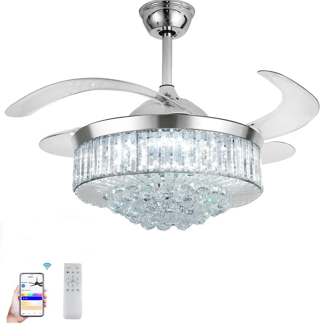 42" Smart Retractable Crystal Ceiling Fan with Light: Alexa/Google Home & Remote, Bluetooth Speaker, Dimmable RGB Light, 6-Speed Reversible Fandelier Chandelier Fan for Bedroom,Dining/Living Room