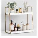 Forbena Bathroom Organizer Countertop, Counter Organizer for Bathroom Decor, Wooden Sink Shelf for Vanity Storage, Makeup Tray for Perfume Skincare Bedroom Kitchen Corner (2 Tier, White and Gold)