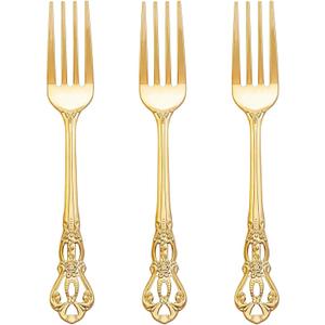 Joyido 150PCS Gold Plastic Forks - 8.1inch Gold Forks Disposable - Vintage Heavy Duty Dessert Forks - Premium Fancy Plastic Silverware for Parties, Weddings, Dinners and Events