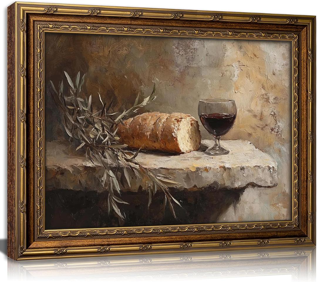 Vintage Gold Framed Still Life Wall Art, Christian Kitchen Communion Painting Canvas Prints, Bread Wine Olive Branch Religion Wall Decor, Classic Rustic Food Artwork for Living Room Kitchen Dining Room, 16x24in