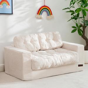 MAXYOYO Kids Bean Bag Chair, Upholstered Bean Bag Sofa Cloud 2-Seat for Boys and Girls, Boneless Couch with Tufted Cushion & Pillows, Kids Sofa in A Box, No Assembly Required, Beige