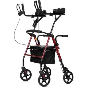 ELENKER Upright Walker, Stand Up Rollator Walker with Padded Seat and Backrest, Lightweight, Compact Folding, Fully Adjustment Frame for Seniors, Red