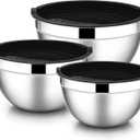 E-far Mixing Bowls with Lids, 6-Piece Stainless Steel Salad Bowls Metal Nesting Bowls for Baking Cooking and Prepping, Airtight Lids & Stackable Design, Size 4.5, 3, 1.5 QT (Black)