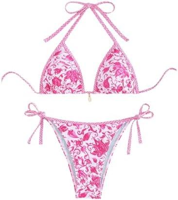 WDIRARA Women's 2 Piece Boho Swimsuits Floral Print Halter String Triangle Bikini Set Beach Bathing Suit Size M