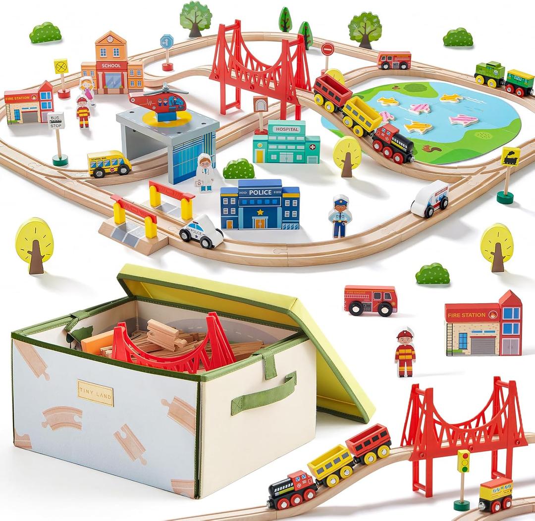 Tiny Land 110pcs Wooden Train Set with Folding Storage Box, Wooden Train Track Toy for Boys & Girls, Age 3-7, Includes Convenient Storage