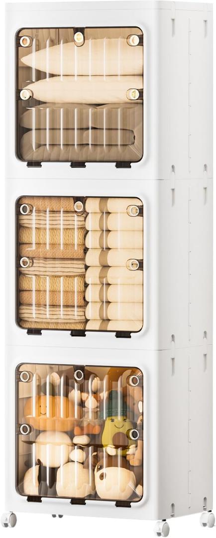 JEKO&JEKO 146 Qt Narrow Bathroom Storage Cabinet, 3Tier Slim Tall Cabinet Organizer with Wheels, Foldable Plastic Storage Bin for Small Spaces, White