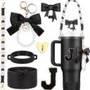 7Pcs Black Stanley Cup Accessories for 40Oz 30Oz 20Oz, Women Teen Girls Gifts, Stanley Tumbler Cup Decoration with Straw Topper, Bow Charm, Silicone Boot, Handle Strap, Letter Sticker J