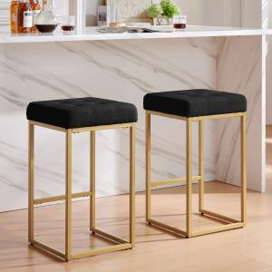 24KF Contemporary Counter Height Bar Stool Set of 2 for Kitchen Island, 26" H Teddy Fabric Padded Gold Barstool Bar Chair,5066-Teddy Black (Barstool with Square Style Base- 2 pack)
