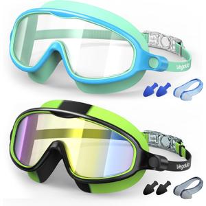 Kids Swim Goggles 2 Pack, Anti-Fog UV Protection Wide View Swimming Goggles for kids 3-15 Youth Boys Girls Toddler (Blue/Clear & Green/Mirrored)
