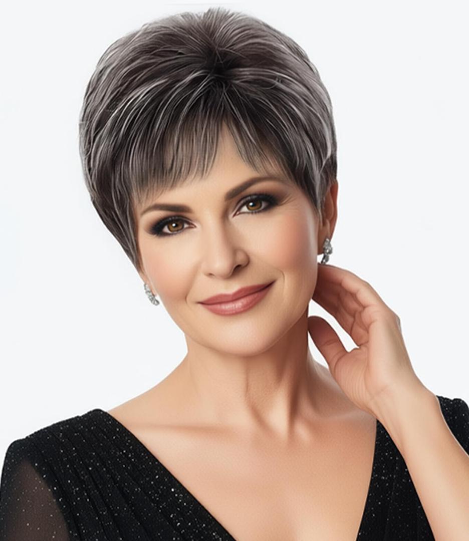 SEVENCOLORS Short Pixie Wigs for Women Layered Natural Looking Dark Brown Wig with Grey Highlights Synthetic Short Hair Women's Wigs