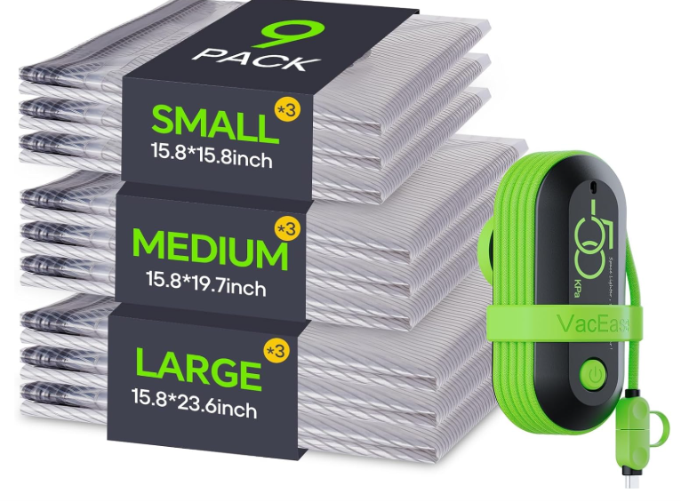 Vacbird Vacuum Bags for Travel with Rechargeable air Pump, Carryon Size Compression Packing Bags for Luggage and Suitcase, Space Saver for Clothes and Clothing 9 Combo Travel Size