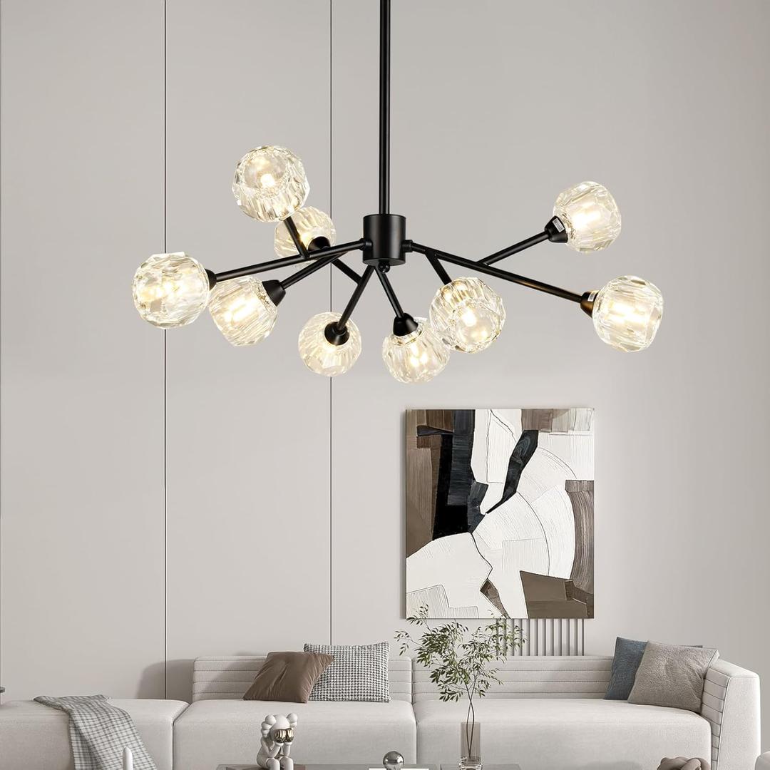 Weesalife Sputnik Chandeliers for Dining Room Light Fixture Over Table, Modern Crystal Chandeliers, 9 Lights Black Lighting Fixtures for Living Room Bedroom Kitchen Island Bar