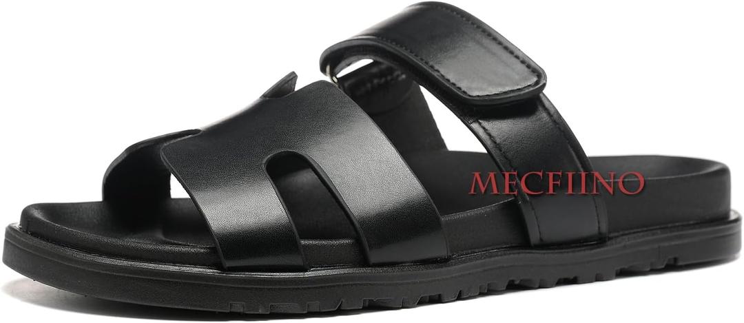 Leather Sandals for Womens w/Strap Non Slip Platform Sandals w/Memory Foam Comfortable Summer Slide Sandals -39, 7, Black