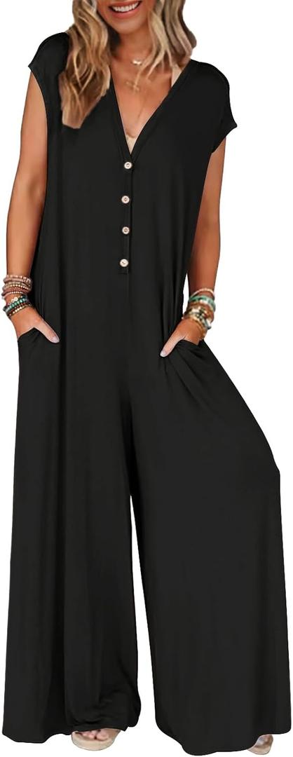 MEROKEETY Women's 2025 Summer Cap Sleeve Jumpsuits Deep V Neck Button Onesie Wide Leg Pants Rompers (Medium, Black)
