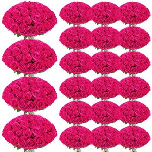 150 Pcs Roses Artificial Flowers, Silk Hot Pink Artificial Flowers Petals Long Stem Roses for Wedding Bouquet Home Party Decor