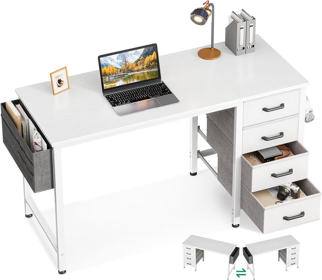 Casaottima 40-Inch Small Computer Desk with 4 Fabric Drawers  Home Office Desks with Storage, Writing Desk with Side Hook and Cloth Bag, Modern Study/Work Table for Bedroom and Small Space, White