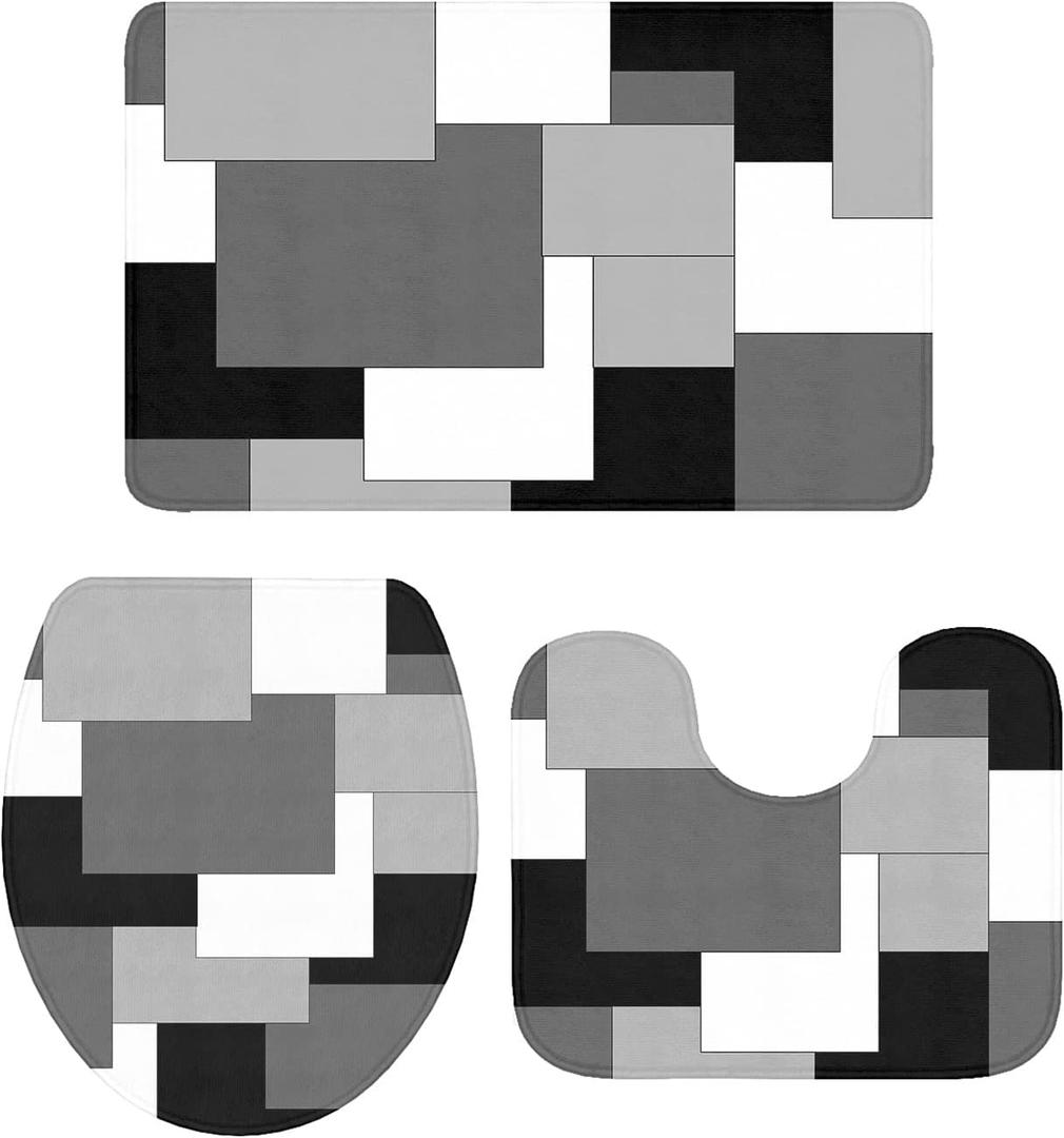 Farmhouse Bathroom Rugs Mat Sets 3 Piece, Abstract Art White Black Gray Splice Bathroom Decor Mat Set with Non-Slip Rug, Toilet Lid Cover and Bath Mat Accessories (Large: 20x31in+16x18in+16x20in, Color Blockyan6442)