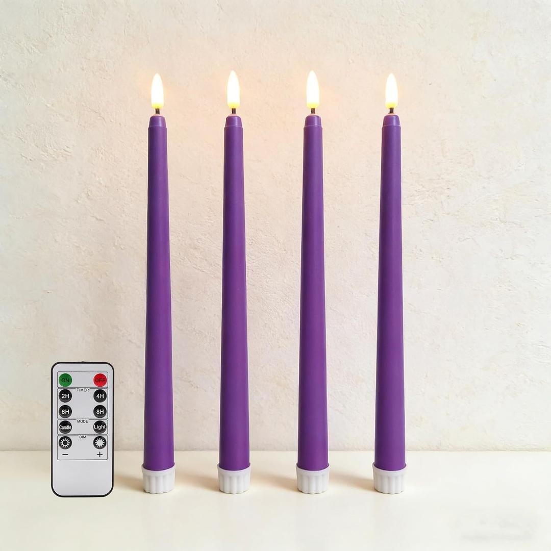 Purple Flameless Taper Candles with Remote, Battery Powered LED Candlesticks Flickering Home Decor Set of 4