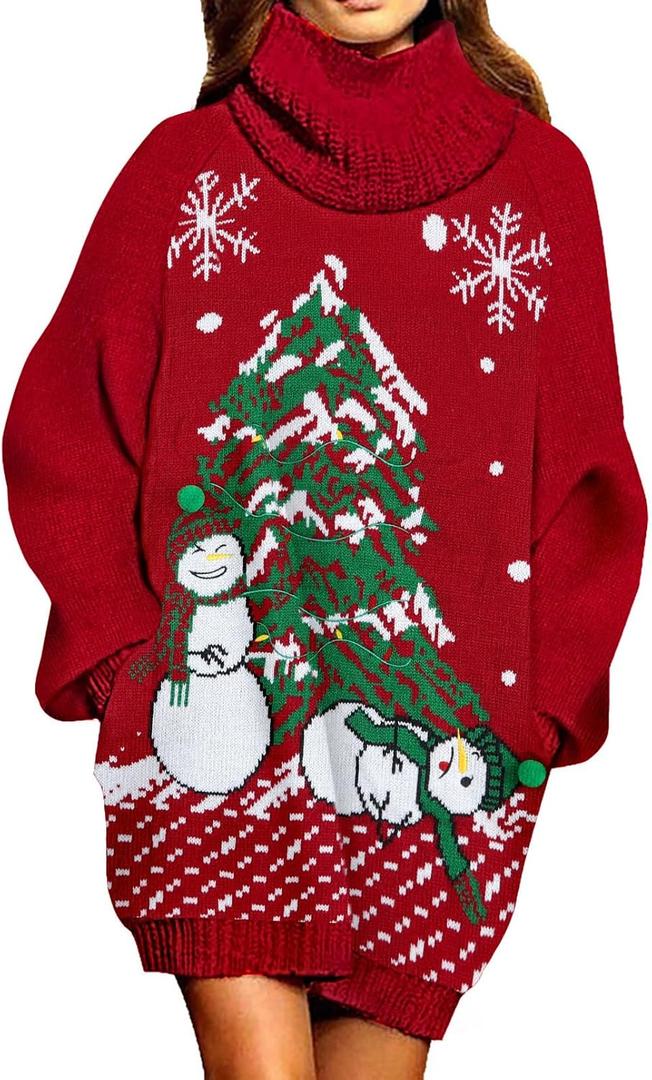 Pink Queen Ugly Christmas Sweater Dresses for Women Oversized Turtleneck Pullover Holiday Dress with Pocket (Red)