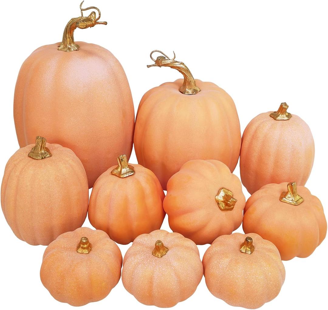 Winlyn 10 Pcs Assorted Artificial Orange Pumpkins Decorative Pumpkins Faux Light Orange Pumpkins Foam Pumpkins for Fall Harvest Autumn Wedding Thanksgiving Halloween Table Centerpiece Mantel Dcor