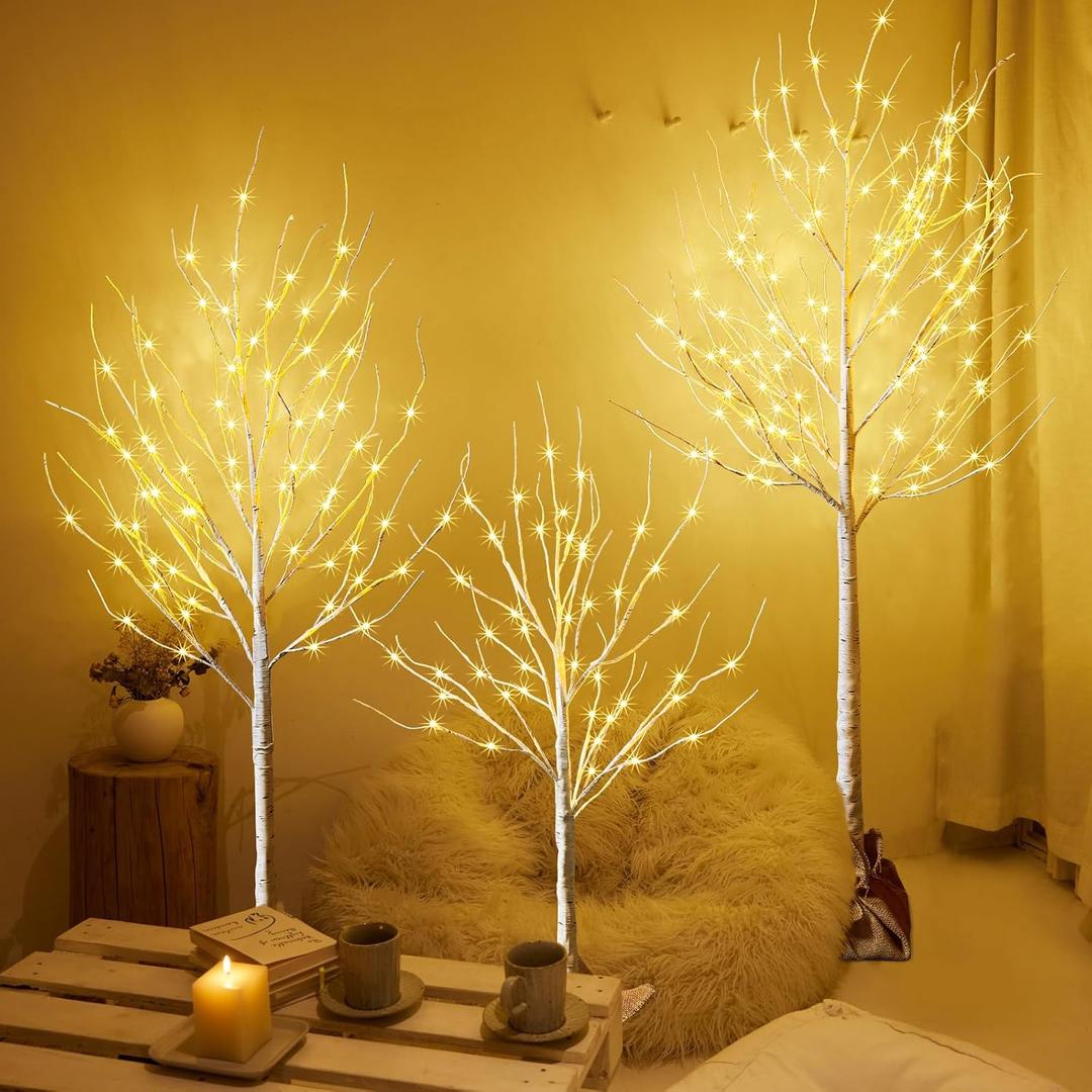 Outdoor Christmas Decoration Lighted Birch Tree, 3 Packs LED Pre Lit Light up Tree with Burlap Decor, Warm White, Power Supply by Adaptor, Xmas New Year Indoor&Outdoor Decor (4FT&5FT&6FT)