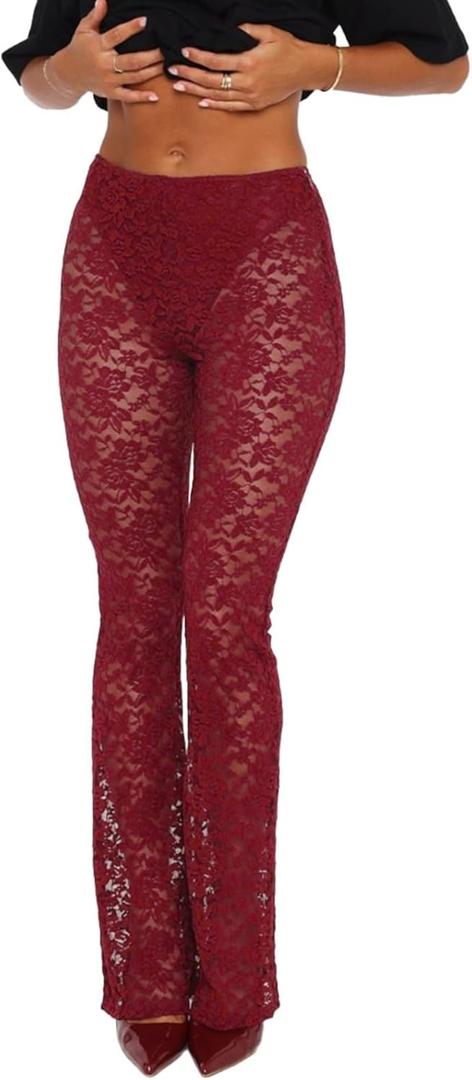 Lace Flare Pants for Women - Sexy See Through Mid-Waist Bell Bottom Leggings Trousers Party Clubwear Wine Red S