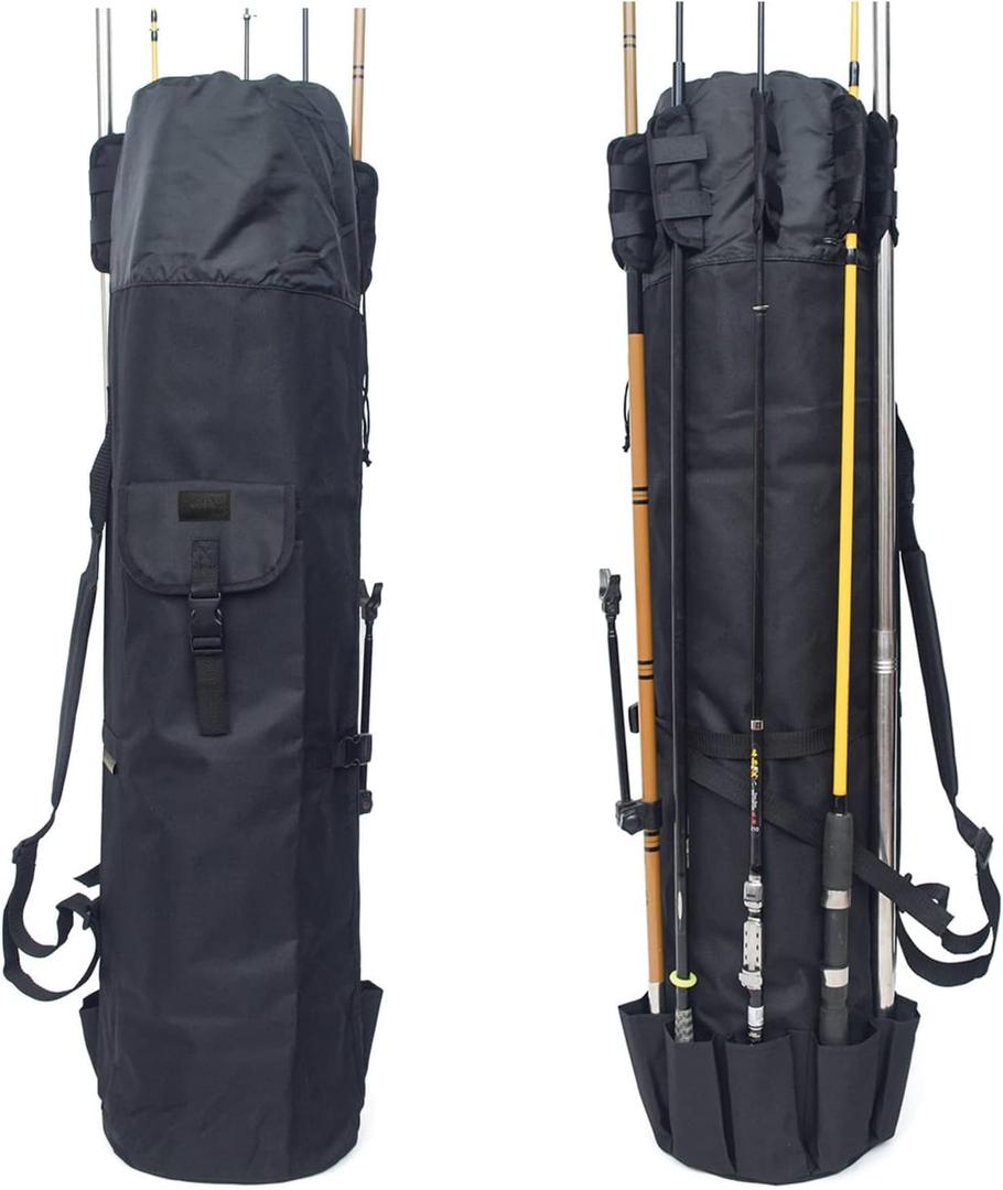 DONQL Fishing Rod Bags, Outdoor Fishing Pole Holders Reel Case, Multifunction Camping Portable Travel Carry Case Backpack Fish Rod Reel Bag, Holds 5 Poles & Fishing Tackles, Fishing Gear for Men