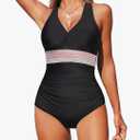 Swimsuits for Women Tummy Control One Piece Bathing Suit Modest Ruched Color Block Slimming V Neck Swimwear, 2XL