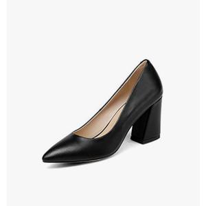 Women Summer Square High Heel Pumps PU Leather Pointed Toe Shoes - Black, 8