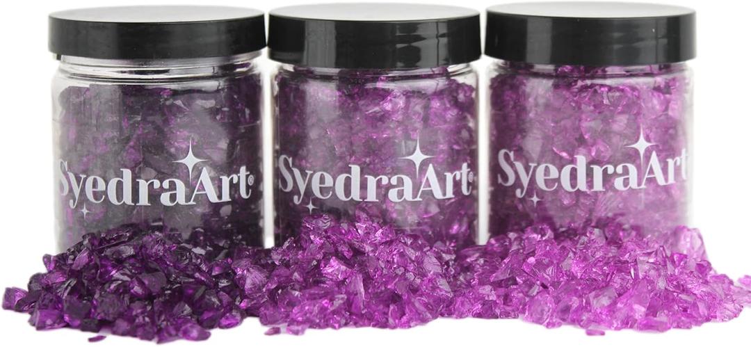 Syedra Crushed Glass for Crafts,Set of 3, High Luster Chips, Glitter,Broken Glass Pieces, 3-6mm, 1LB(Purple)