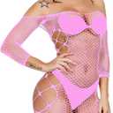 Women Fishnet Lingerie Babydoll Halter Stretch Chemise Bodysuit One Size Mini Dress