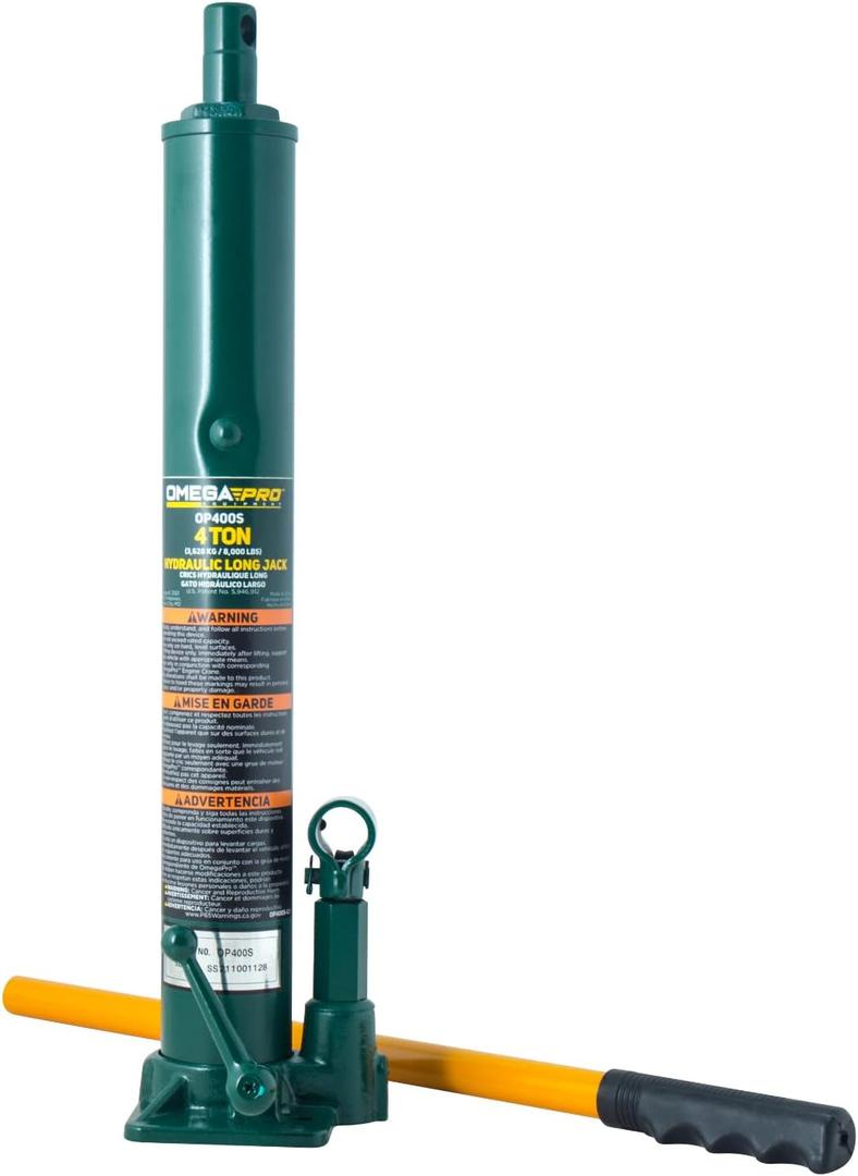 Omega Pro Hydraulic Long Ram Jack - 4 Ton Capacity with Flat Base for Auto Garage Shop, Green (OP400S)